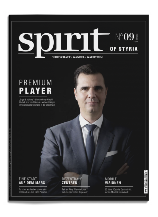 Titelbild eines Magazins mit einem Mann in Anzug und Krawatte mit der Überschrift "spirit of STYRIA", das Themen wie Wirtschaft, Wandel, Wachstum und Unternehmen behandelt.