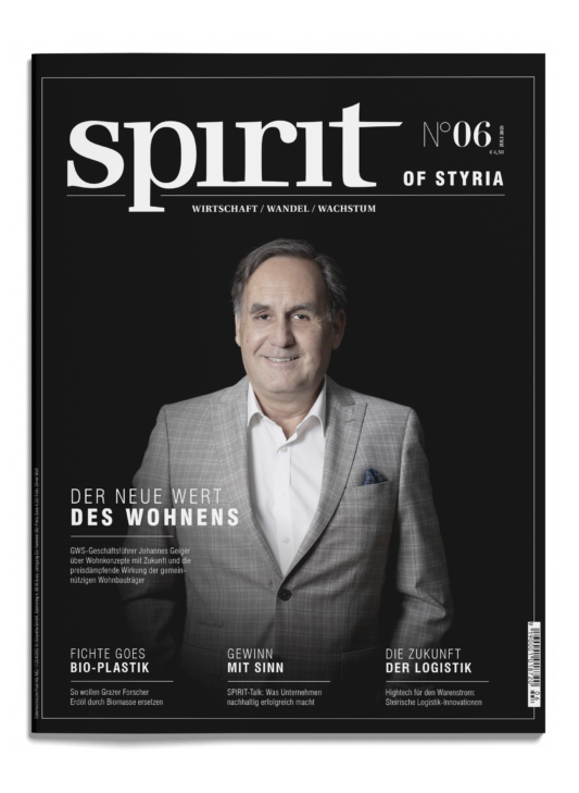 Ein Mann im hellgrauen Karoanzug lächelt auf dem Cover des Magazins "spirit of Styria", Ausgabe 6, mit deutschem Text zu Wirtschafts- und Wachstumsthemen.