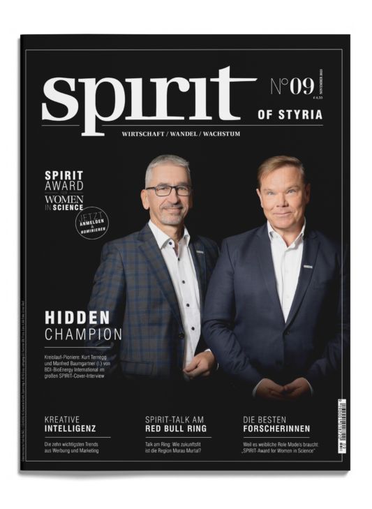 Zwei Männer in Anzügen stehen nebeneinander auf dem Cover der Zeitschrift "Spirit of Styria", Ausgabe 09. Der Hintergrund ist schwarz mit weißen Textüberschriften.