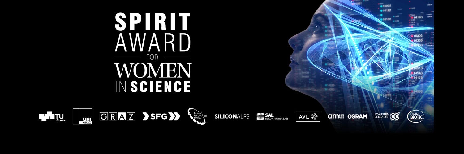 Eine digitale Grafik für den "Spirit Award for Women in Science" mit dem Profil eines Frauengesichts, das von blauen Lichtmustern überlagert wird, umgeben von Sponsorenlogos auf dunklem Hintergrund.