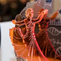 Nahaufnahme von zwei durchscheinenden orangefarbenen Acrylpreisen mit einem eingravierten Bild von tanzenden Paaren und wissenschaftlichen Symbolen, die auf einem Tisch mit unscharfem Hintergrund stehen.