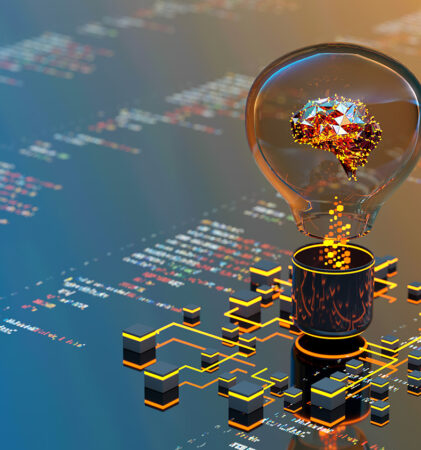 Eine digitale Illustration eines leuchtenden Gehirns in einer Glühbirne, die auf einem schaltkreisähnlichen Sockel steht, mit Computercode im Hintergrund, der künstliche Intelligenz und maschinelle Lerntechnologie symbolisiert.