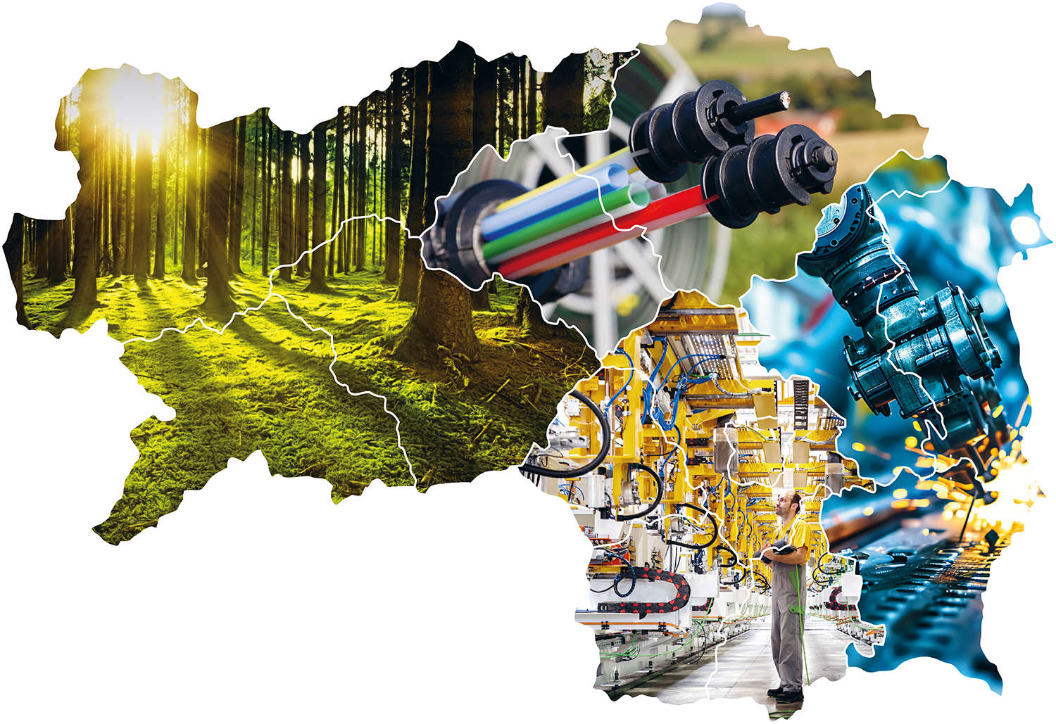 Ein Kartenausschnitt, der mit Bildern gefüllt ist: ein sonnenbeschienener Wald auf der linken Seite, Fertigungsmaschinen und Fließbänder in der Mitte und blau gefärbte Automobilteile und -technik auf der rechten Seite.