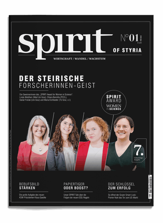 Ein Magazin-Cover mit dem Titel "spirit of Styria", auf dem vier Frauen lächeln. Die Schlagzeilen heben Themen wie Frauen in der Wissenschaft, Stärkung der Karrieren, papierlose Büros und Schlüssel zum Erfolg hervor. Der Hintergrund ist schwarz mit weißem Text.