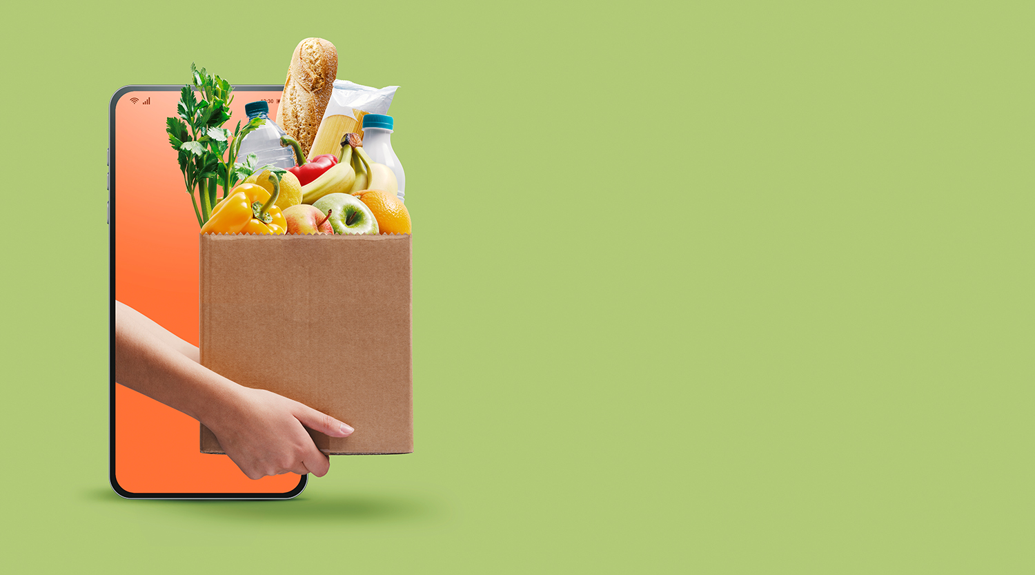 Eine Hand hält eine Papiertüte mit Lebensmitteln, darunter Brot, Milch, Bananen und Gemüse, die vor einem grünen Hintergrund aus einem Smartphone hervorlugt.