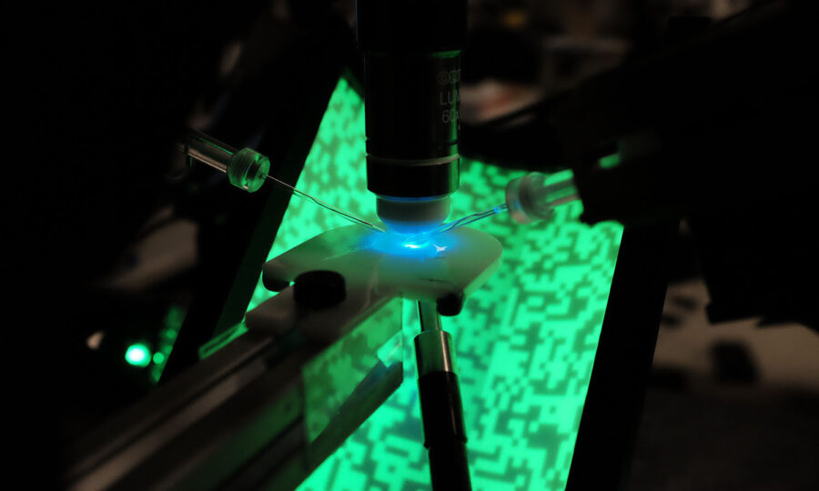 Nahaufnahme einer wissenschaftlichen Ausrüstung mit blauem Licht, das auf eine kleine Probe gerichtet ist, umgeben von Drähten und Spritzen, vor einem grün gepixelten Hintergrund.