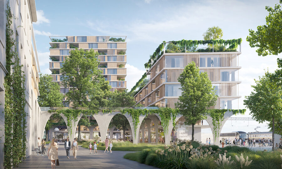 Eine moderne Stadtszene mit gläsernen Gebäuden mit Dachgärten, üppigem Grün und großen Bäumen. Menschen gehen und radeln auf breiten Wegen, und im Vordergrund steht ein mit Weinreben bewachsenes Gebäude mit Torbögen.