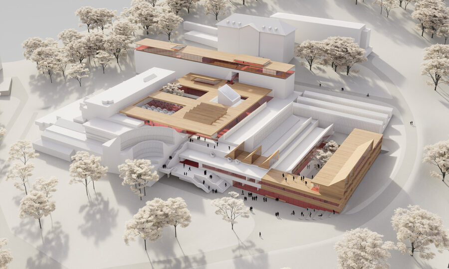 Luftaufnahme eines modernen Architekturmodells mit geschichteten rechteckigen Gebäuden mit Holz und roten Akzenten, umgeben von hellen Bäumen und Wegen mit kleinen menschlichen Figuren als Maßstab.