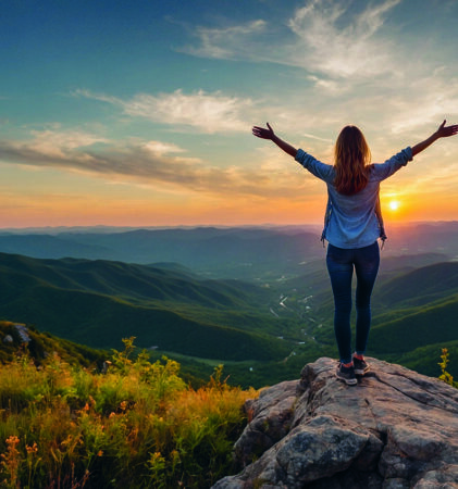 Eine Person steht mit ausgestreckten Armen auf einer felsigen Klippe und blickt auf sanfte grüne Hügel und einen farbenfrohen Sonnenuntergangshimmel, der die malerische Berglandschaft umarmt.
