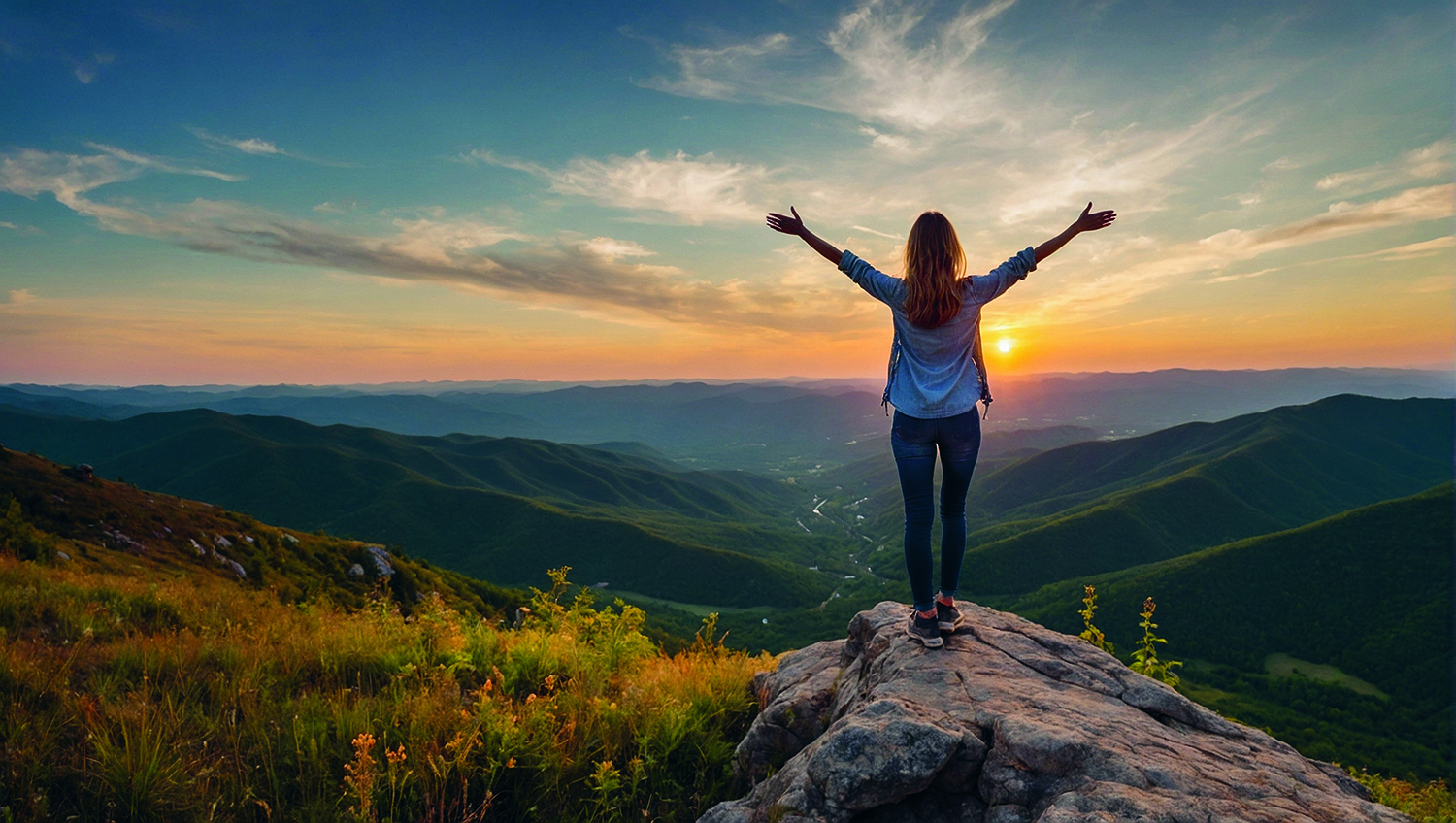 Eine Person steht mit ausgestreckten Armen auf einer felsigen Klippe und blickt auf sanfte grüne Hügel und einen farbenfrohen Sonnenuntergangshimmel, der die malerische Berglandschaft umarmt.