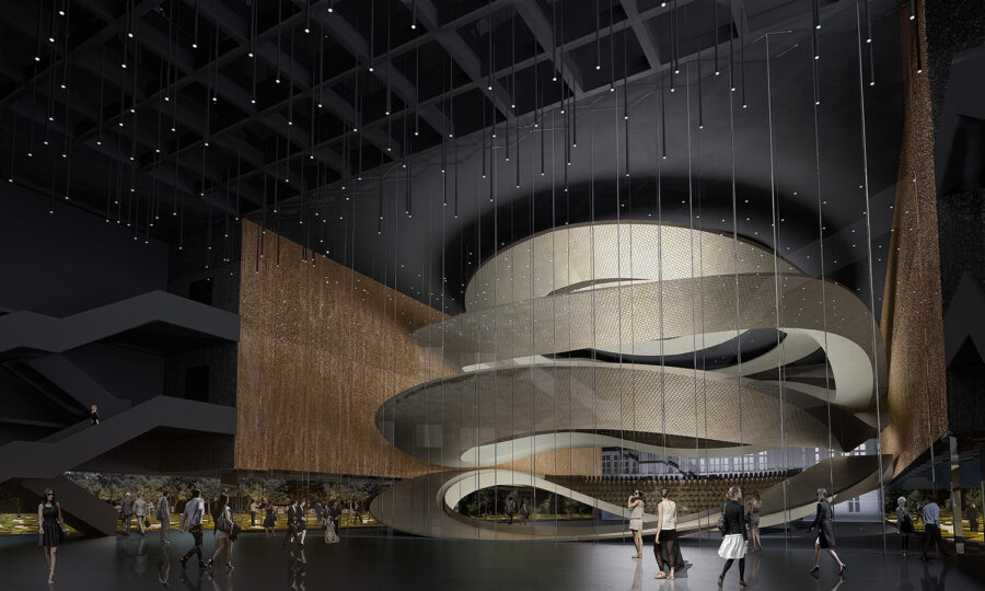 Ein moderner, geräumiger Innenraum mit einer dramatischen Wendeltreppe in der Mitte, die von Hängelampen beleuchtet wird. Die Menschen gehen um den offenen, glänzenden Boden herum, mit strukturierten goldenen und dunklen Wänden im Hintergrund.