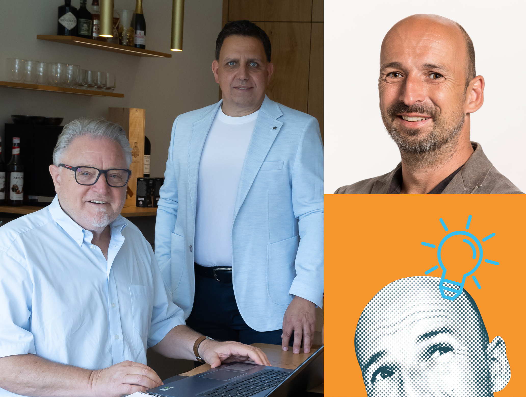 Zwei Männer in hellen Hemden und Jacken befinden sich in einem modernen Büro, einer sitzend mit einem Laptop, der andere stehend. Rechts das Porträt eines lächelnden Mannes mit Glatze und eine Illustration seines Kopfes mit einer Glühbirne darüber.