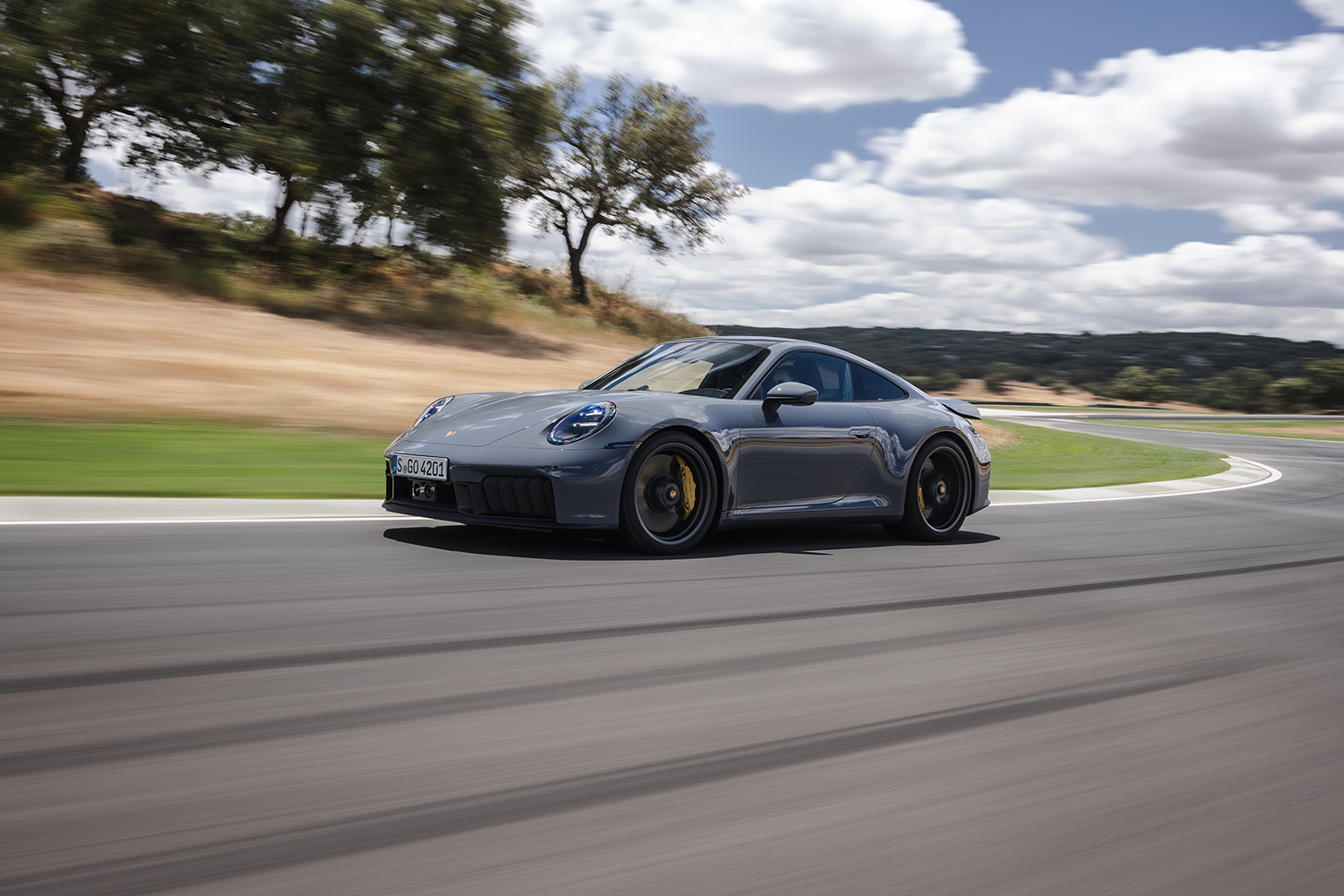 Ein grauer Porsche-Sportwagen fährt mit hoher Geschwindigkeit auf einer kurvenreichen Strecke, umgeben von Bäumen und grasbewachsenen Hügeln unter einem teilweise bewölkten Himmel. Die Bewegungsunschärfe unterstreicht die Geschwindigkeit des Autos.