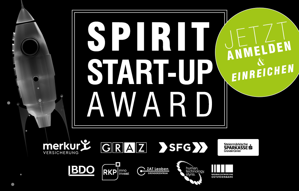 Das Plakat mit schwarzem Hintergrund zeigt eine Rakete auf der linken Seite und einen fetten weißen Text mit der Aufschrift "SPIRIT START-UP AWARD". In einem grünen Kreis auf der rechten Seite steht "JETZT ANMELDEN & EINREICHEN". Sponsorenlogos säumen den unteren Rand.