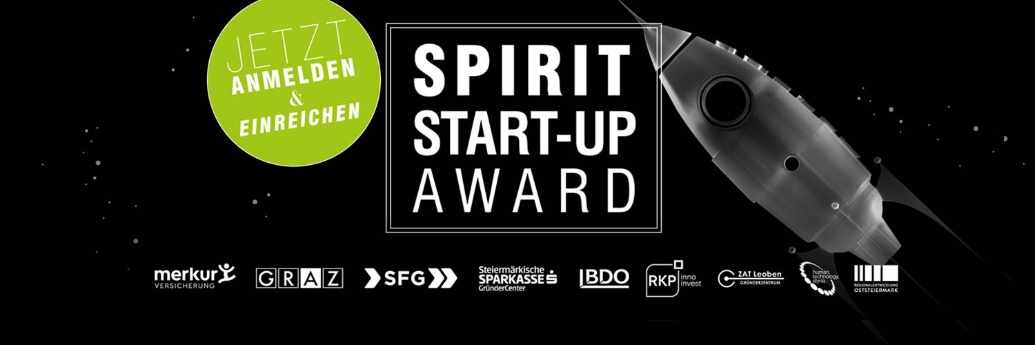 Banner für den Spirit Start-Up Award mit einer Rakete und Sponsorenlogos. Der Text umfasst "JETZT ANMELDEN & EINREICHEN" in einem grünen Kreis und "SPIRIT START-UP AWARD" in fetten weißen Buchstaben auf schwarzem Hintergrund.
