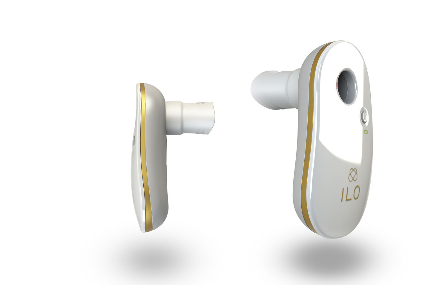 Zwei kabellose Ohrstöpsel in Weiß und Gold mit einem schlanken, ovalen Design. Ein Ohrhörer ist von der Seite und der andere von vorne abgebildet und zeigt den Markennamen "ILO" und einen kleinen Knopf oder Sensor darüber.