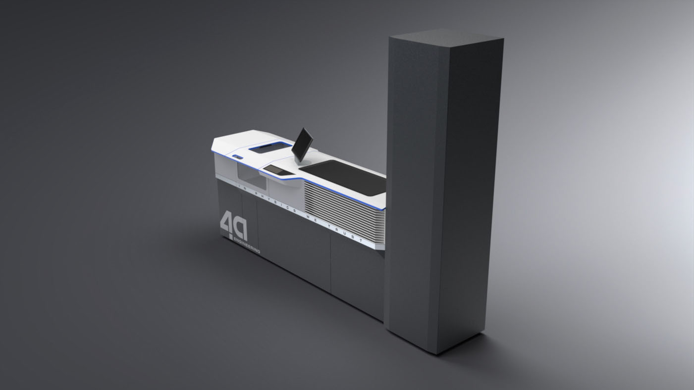 Ein moderner, eleganter automatischer Kiosk mit digitalem Bildschirm und schwarz-weißem Design, mit dem "4Q"-Logo an der Seite. Der Kiosk ist an einer hohen, rechteckigen schwarzen Struktur befestigt.