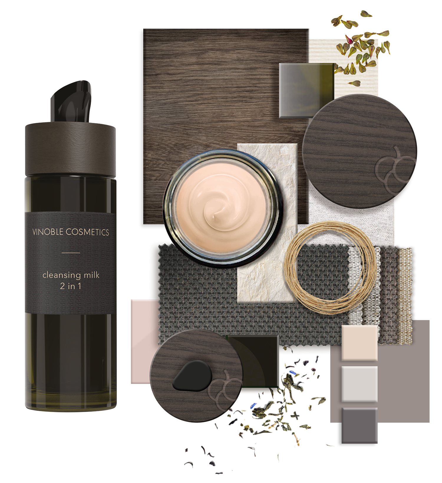 Eine Flasche Vinoble Cosmetics Reinigungsmilch mit einer Pumpe, ein offener Cremetopf, strukturierte Stoffmuster, Bindfaden, getrocknete Blumen und hölzerne Dekorelemente, kunstvoll auf einem weißen Hintergrund angeordnet.