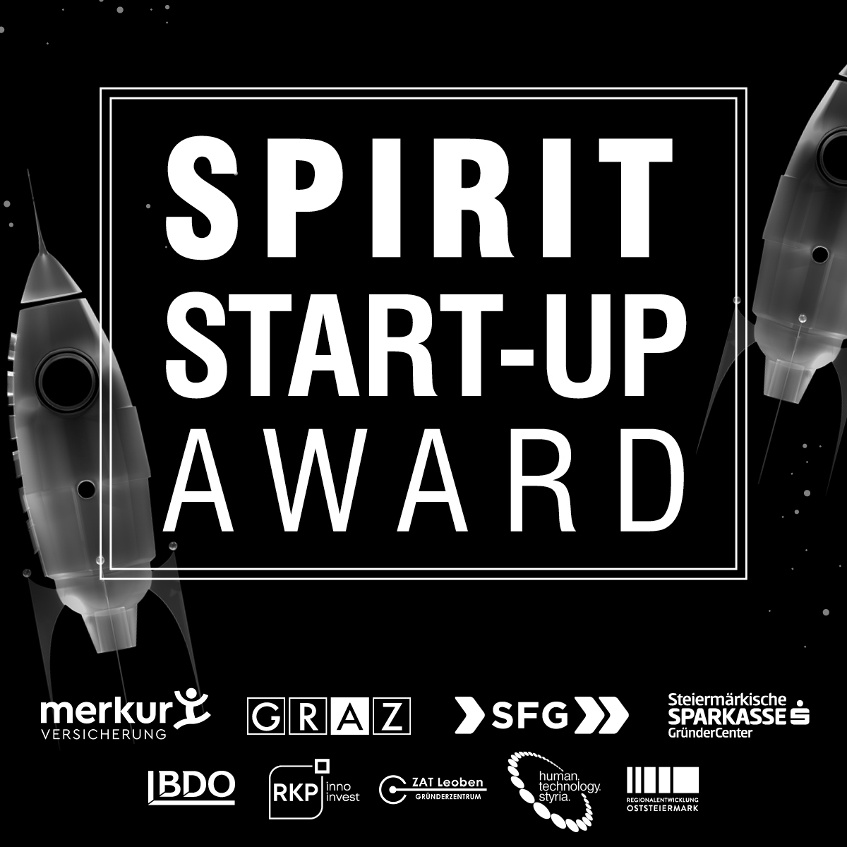 Schwarz-weiße Grafik mit dem Text "SPIRIT START-UP AWARD" in fetten Buchstaben, flankiert von zwei Raketen. Die Logos der Sponsoren sind am unteren Rand des Bildes zu sehen.