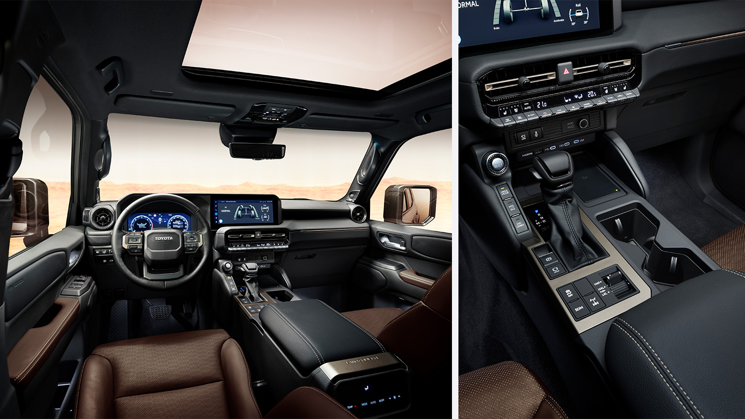 Moderner SUV-Innenraum mit digitalem Armaturenbrett, Ledersitzen, großem Touchscreen und Mittelkonsole mit verschiedenen Bedienelementen; Nahaufnahme des Gangwahlschalters und der Bedientasten hebt die Nähte hervor.