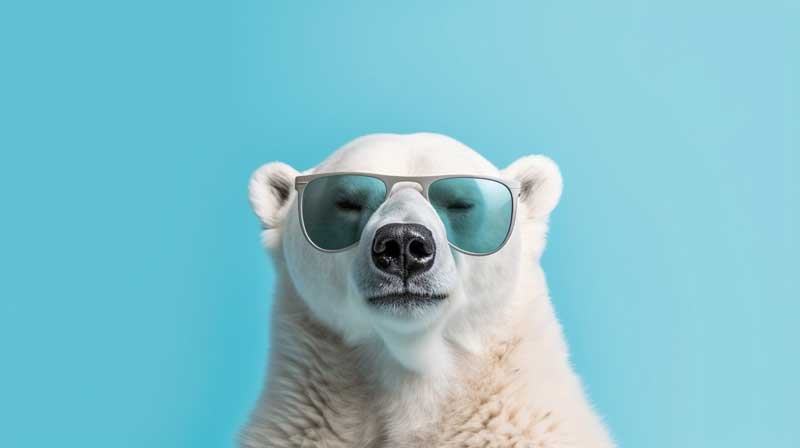 Ein Eisbär, der eine große, reflektierende Sonnenbrille trägt, posiert vor einem hellblauen Hintergrund und macht einen kühlen und entspannten Eindruck.