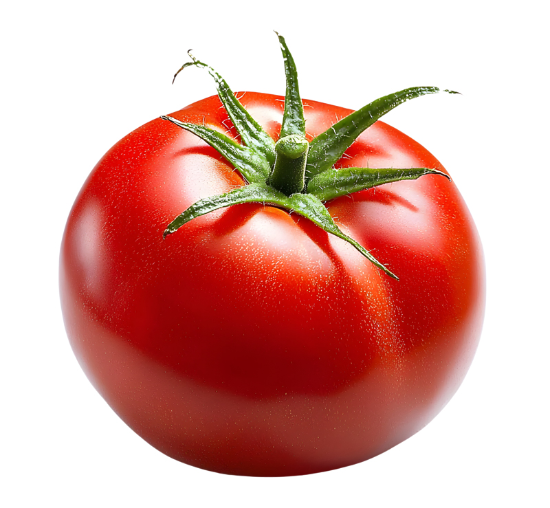 Eine reife, rote Tomate mit glänzender Haut und grünem Stiel, isoliert auf weißem Hintergrund.