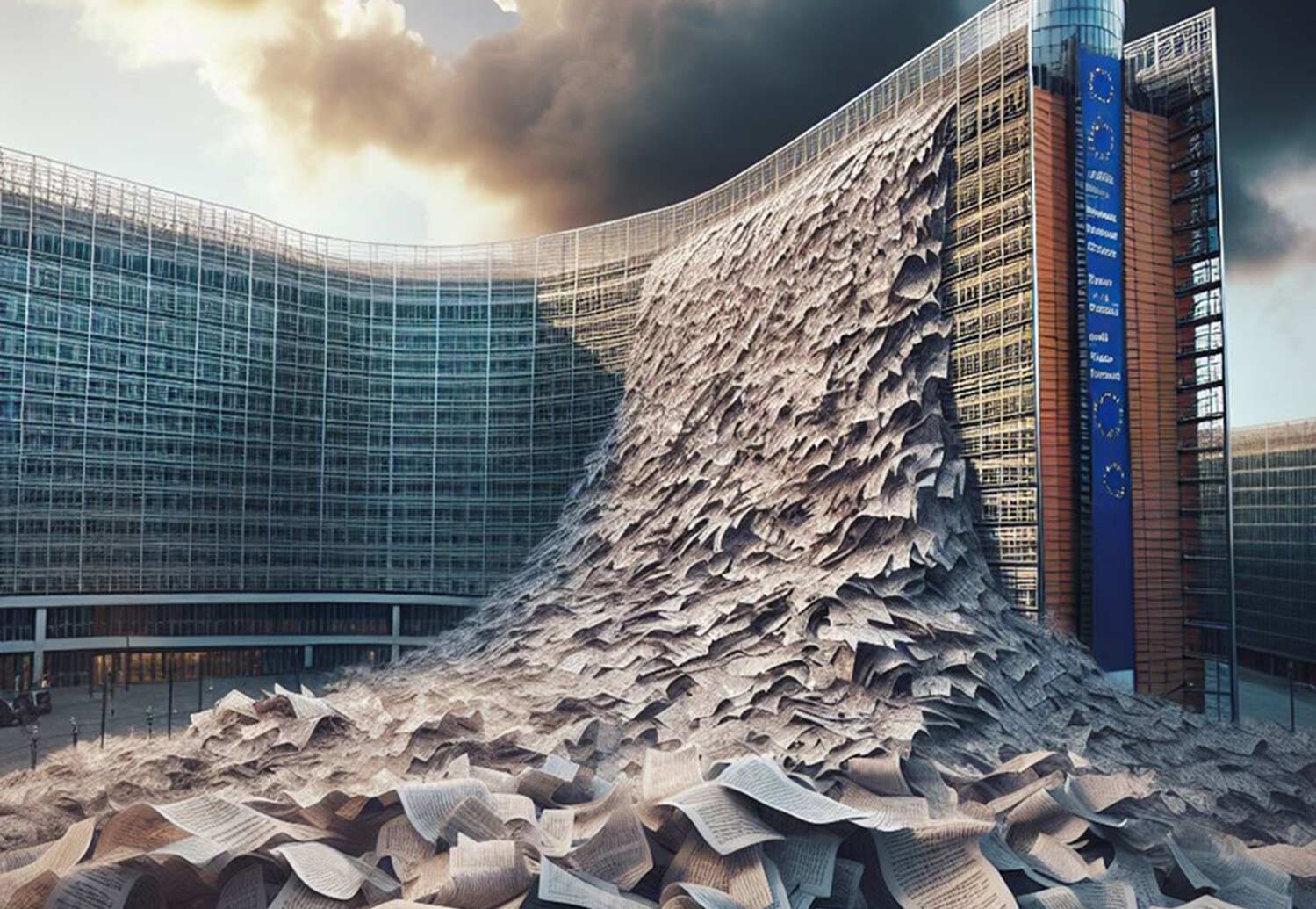 Ein modernes gläsernes Bürogebäude wird unter einem dramatisch bewölkten Himmel von einer riesigen Welle von Papierdokumenten überschwemmt, die an der Fassade herunterläuft.