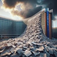 Ein modernes gläsernes Bürogebäude wird unter einem dramatisch bewölkten Himmel von einer riesigen Welle von Papierdokumenten überschwemmt, die an der Fassade herunterläuft.