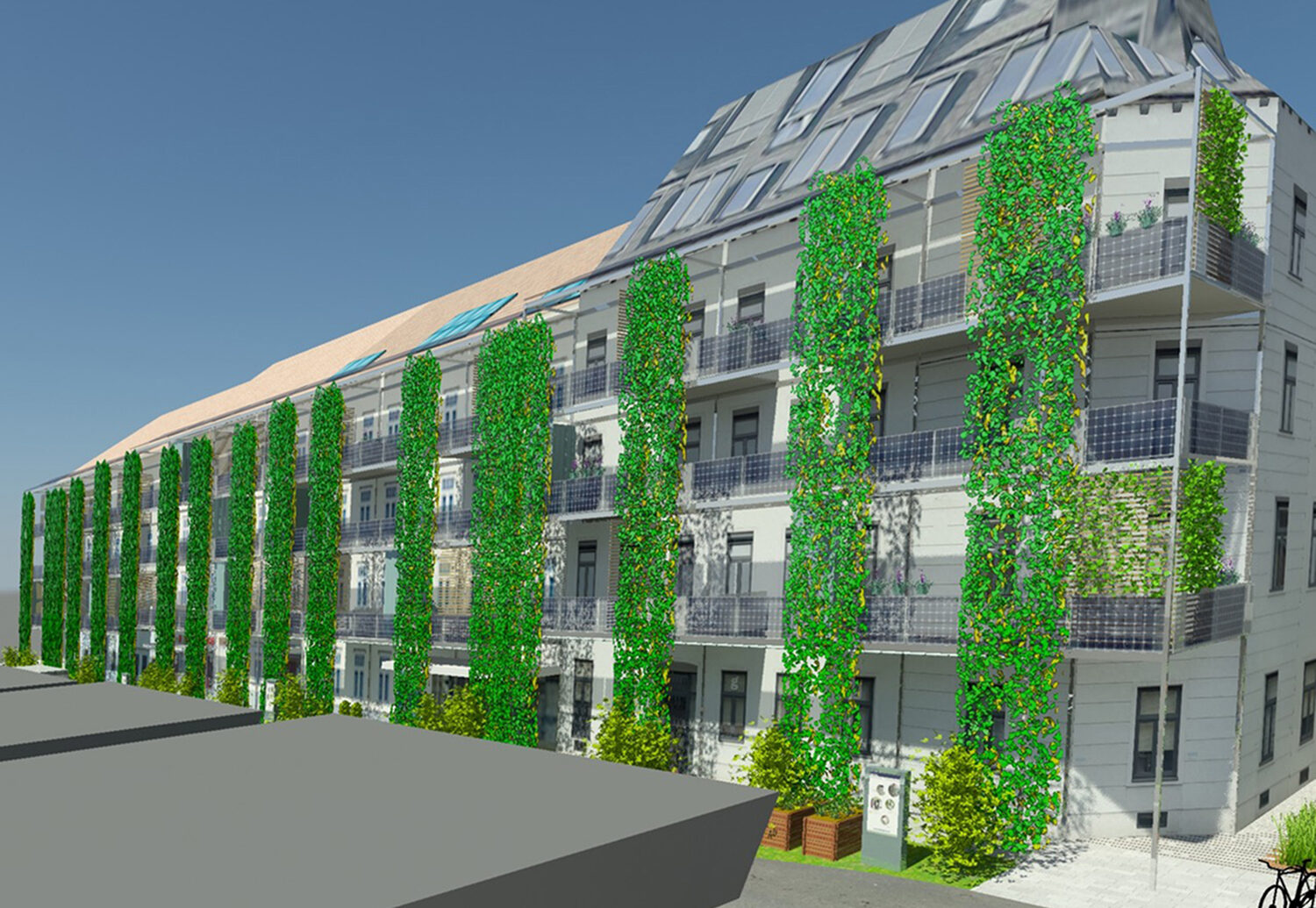 Ein modernes mehrstöckiges Wohngebäude mit grünen vertikalen Gärten, die die Fassade, die Balkone und die großen Fenster bedecken, unter einem klaren blauen Himmel.