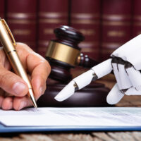 Eine menschliche Hand unterschreibt ein juristisches Dokument mit einem Stift, während eine Roboterhand auf das Papier zeigt; im Hintergrund sind der Hammer eines Richters und Gesetzesbücher zu sehen.
