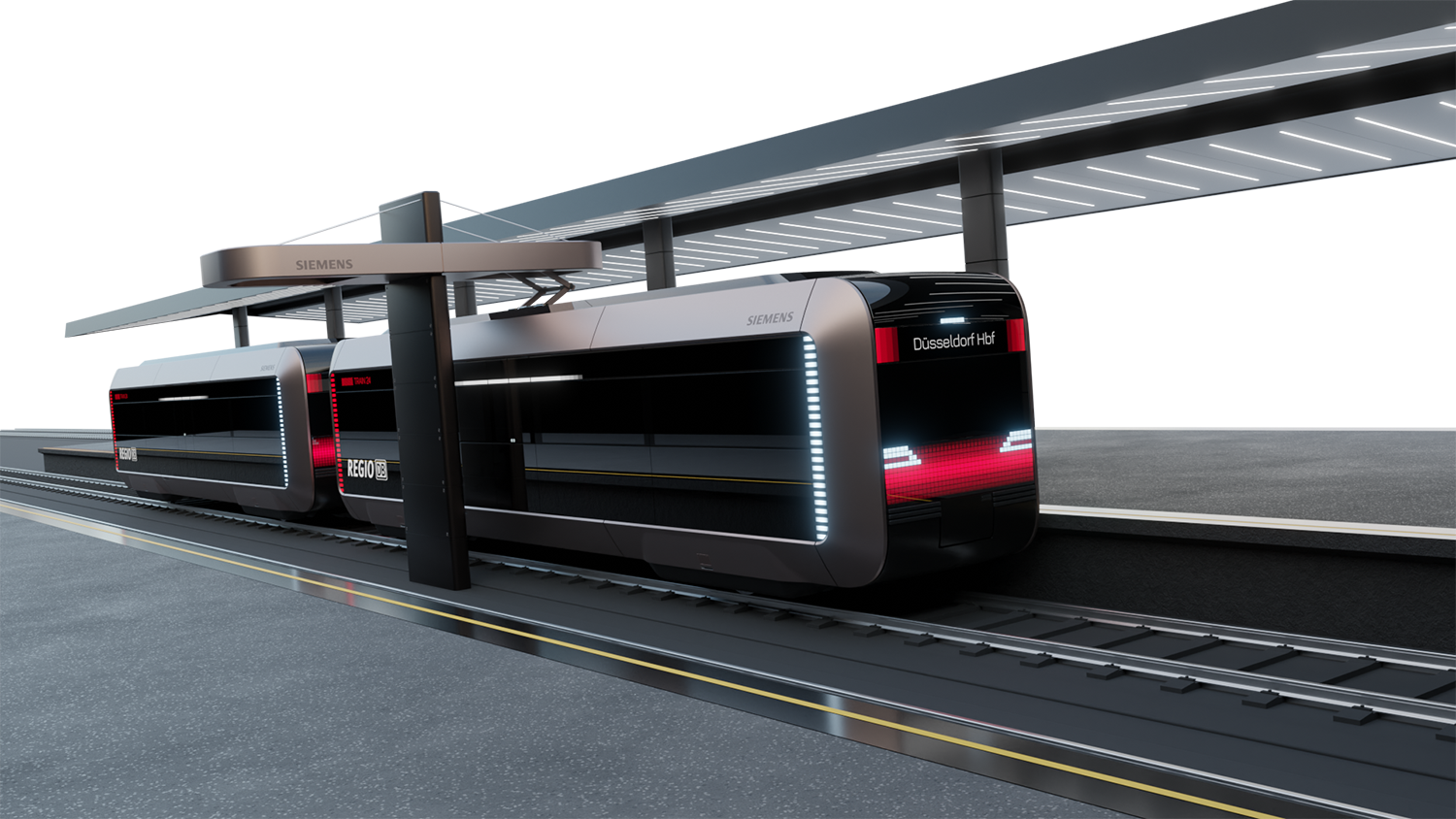Eine elegante, moderne schwarz-silberne Straßenbahn mit den Aufschriften "SIEMENS" und "Düsseldorf" hält an einem futuristischen, gut beleuchteten Bahnsteig mit minimalistischen Designelementen.