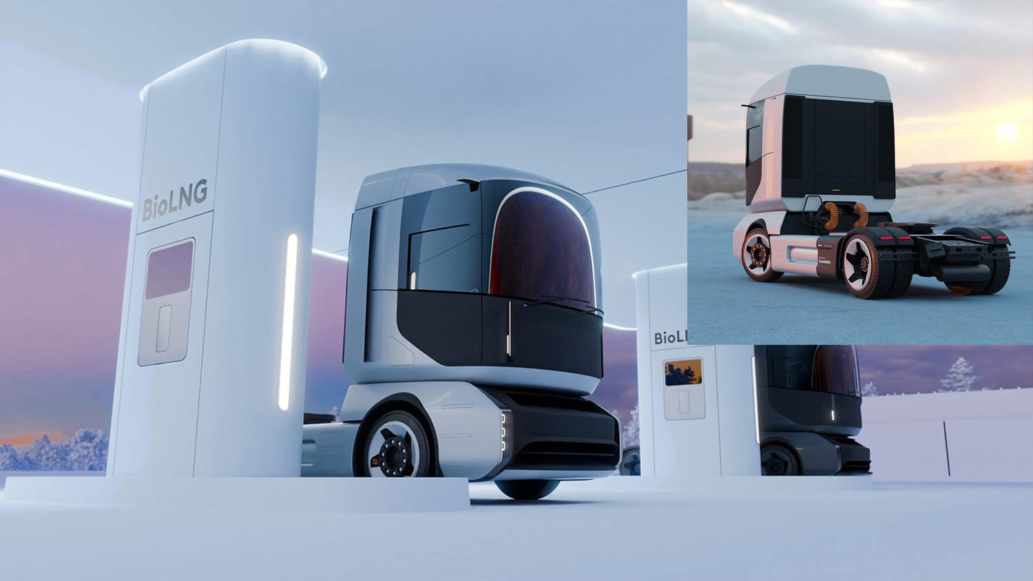 Ein futuristischer Sattelschlepper tankt an einer BioLNG-Tankstelle in einer eleganten, modernen Umgebung. Das Bild zeigt den LKW von hinten auf einer offenen Straße bei Sonnenuntergang.