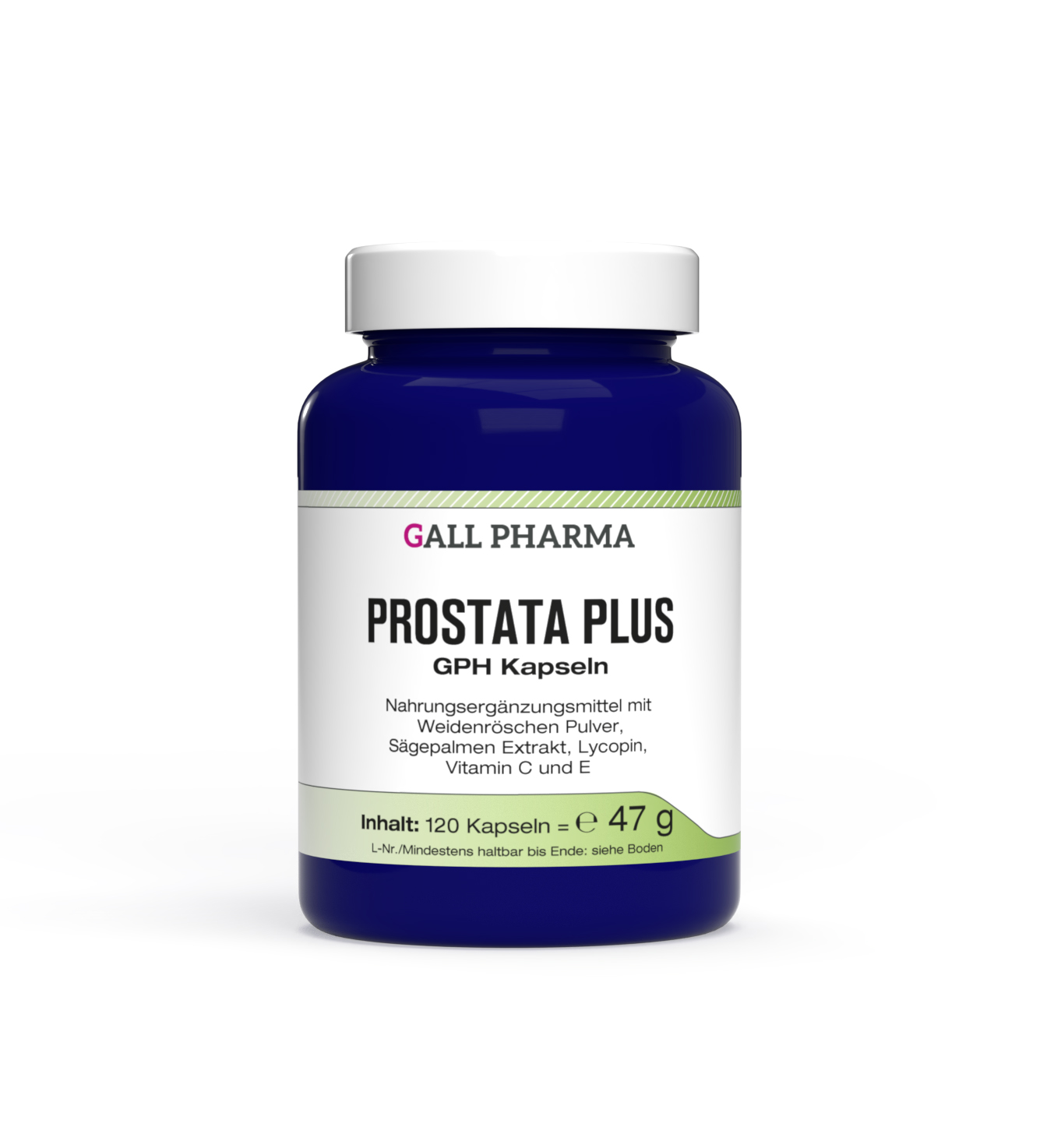 Eine blaue Flasche mit der Aufschrift "PROSTATA PLUS GPH Kapseln" von Gall Pharma, die 120 Kapseln (47 g) enthält. Auf dem Etikett werden Inhaltsstoffe wie Sägepalmenextrakt, Lycopin, die Vitamine C und E und andere Ergänzungsmittel erwähnt.