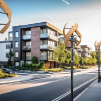Eine moderne Wohnstraße mit modernen Wohngebäuden, üppigen Bäumen und kleinen Windrädern, die an einem sonnigen Tag den Bürgersteig säumen. Die Gegend wirkt sauber, grün und fußgängerfreundlich.