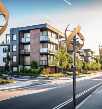 Eine moderne Wohnstraße mit modernen Wohngebäuden, üppigen Bäumen und kleinen Windrädern, die an einem sonnigen Tag den Bürgersteig säumen. Die Gegend wirkt sauber, grün und fußgängerfreundlich.