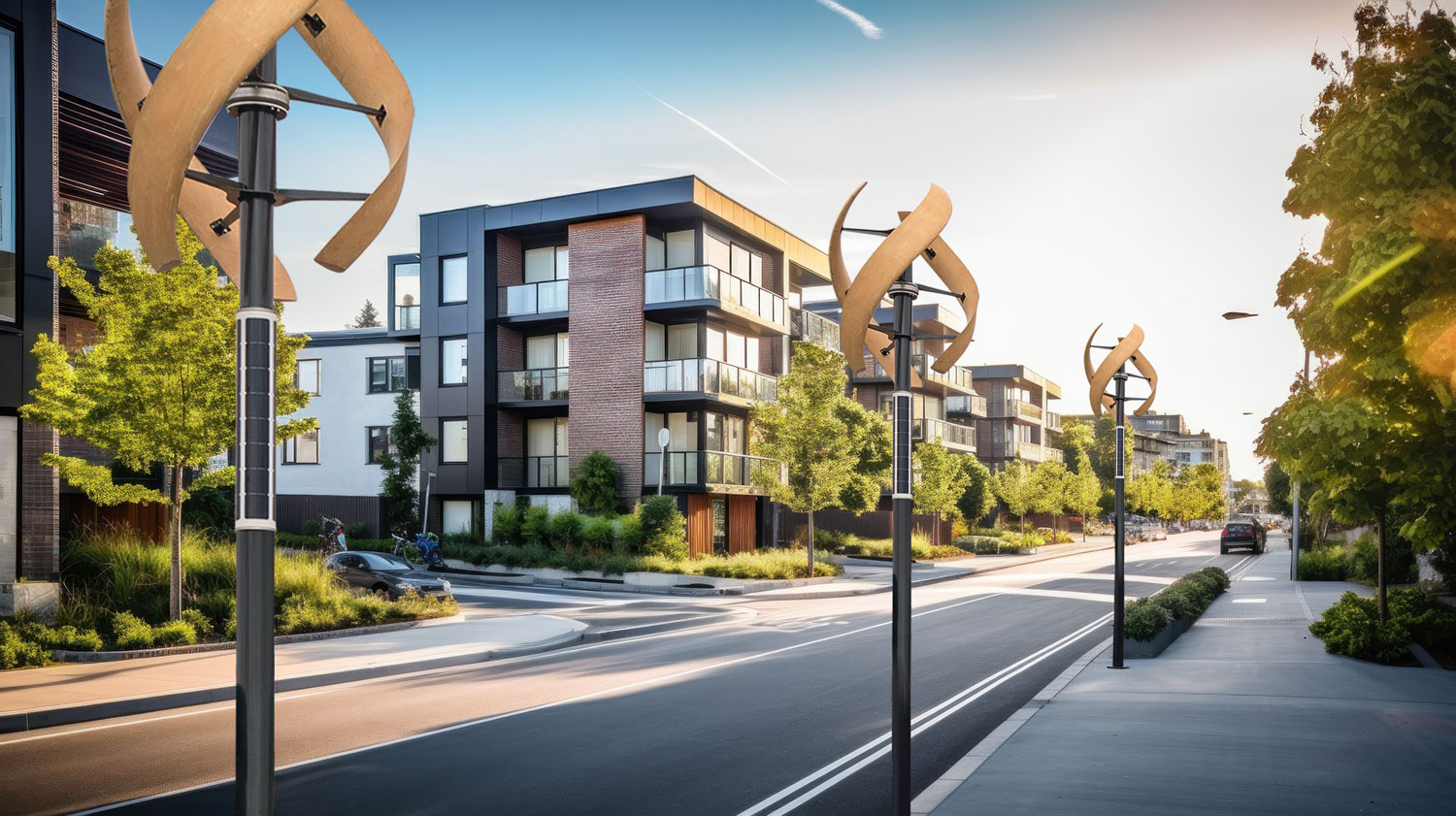 Eine moderne Wohnstraße mit modernen Wohngebäuden, üppigen Bäumen und kleinen Windrädern, die an einem sonnigen Tag den Bürgersteig säumen. Die Gegend wirkt sauber, grün und fußgängerfreundlich.