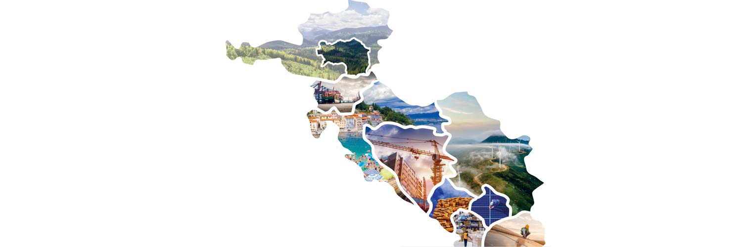 Eine Collage in Form einer Landkarte mit verschiedenen Landschaftsbildern, darunter Wälder, Berge, Stadtansichten, Brücken, Strände und eine Person mit Blick auf ein Tal, die verschiedene Reiseziele darstellen.