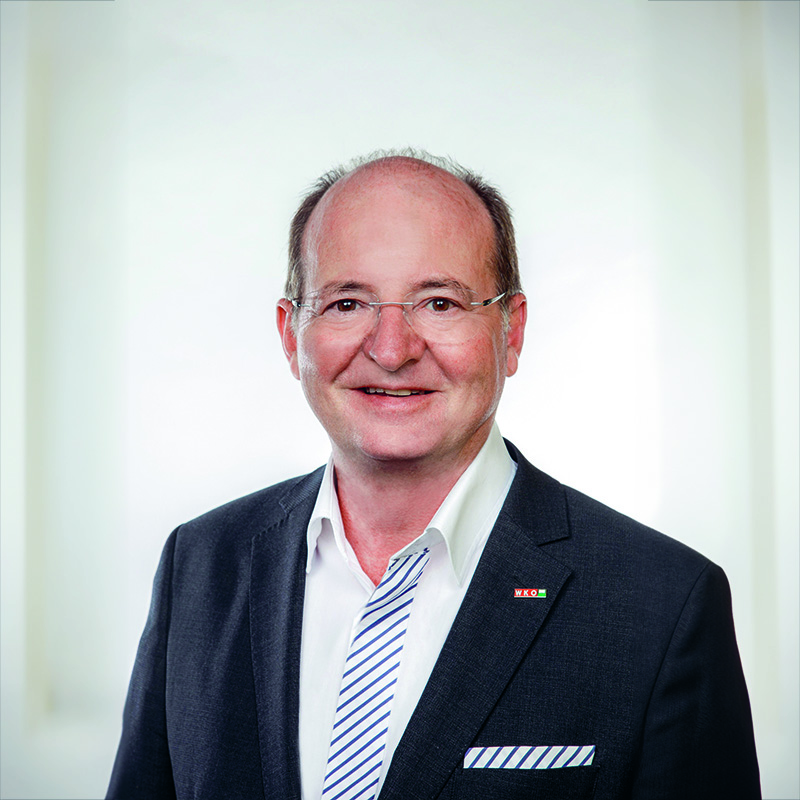 Ein Mann mittleren Alters mit Brille, der einen dunklen Anzug, ein weißes Hemd und eine gestreifte Krawatte trägt, steht lächelnd vor einem schlichten hellen Hintergrund. Er trägt eine kleine Anstecknadel mit farbigen Streifen an seinem Revers und ein Einstecktuch in seinem Jackett.