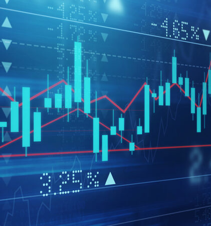 Ein digitaler Bildschirm zeigt ein farbenfrohes Finanzdiagramm mit Candlestick-Balken, Liniendiagrammen und Prozentzahlen an, das Börsentrends und -schwankungen auf blauem Hintergrund veranschaulicht.