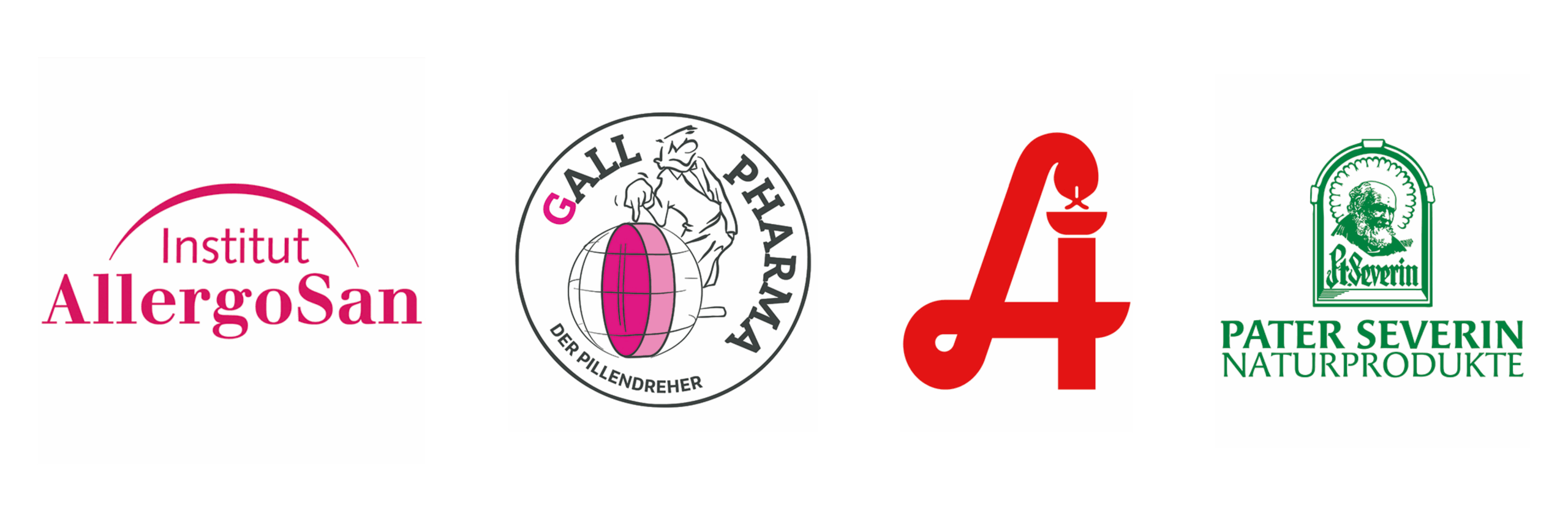 Vier Logos sind nebeneinander abgebildet: Institut Allergosan, Gall Pharma, ein stilisiertes rotes "A" mit einer Schlange und einer Schale sowie Pater Severin Naturprodukte.
