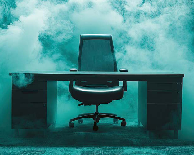 Ein moderner Bürostuhl sitzt hinter einem Schreibtisch mit Schubladen auf jeder Seite, umgeben von wirbelnden Rauch- oder Nebelwolken in einem blaugrün beleuchteten Raum.