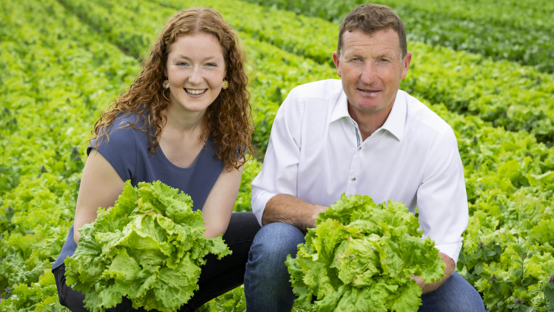 Eine Frau und ein Mann knien in einem üppigen grünen Salatfeld, beide lächeln und halten große Sträuße frisch geernteten Salats in der Hand - sie zelebrieren Nachhaltigkeit, während sich hinter ihnen Reihen von Blattgemüse ausbreiten.