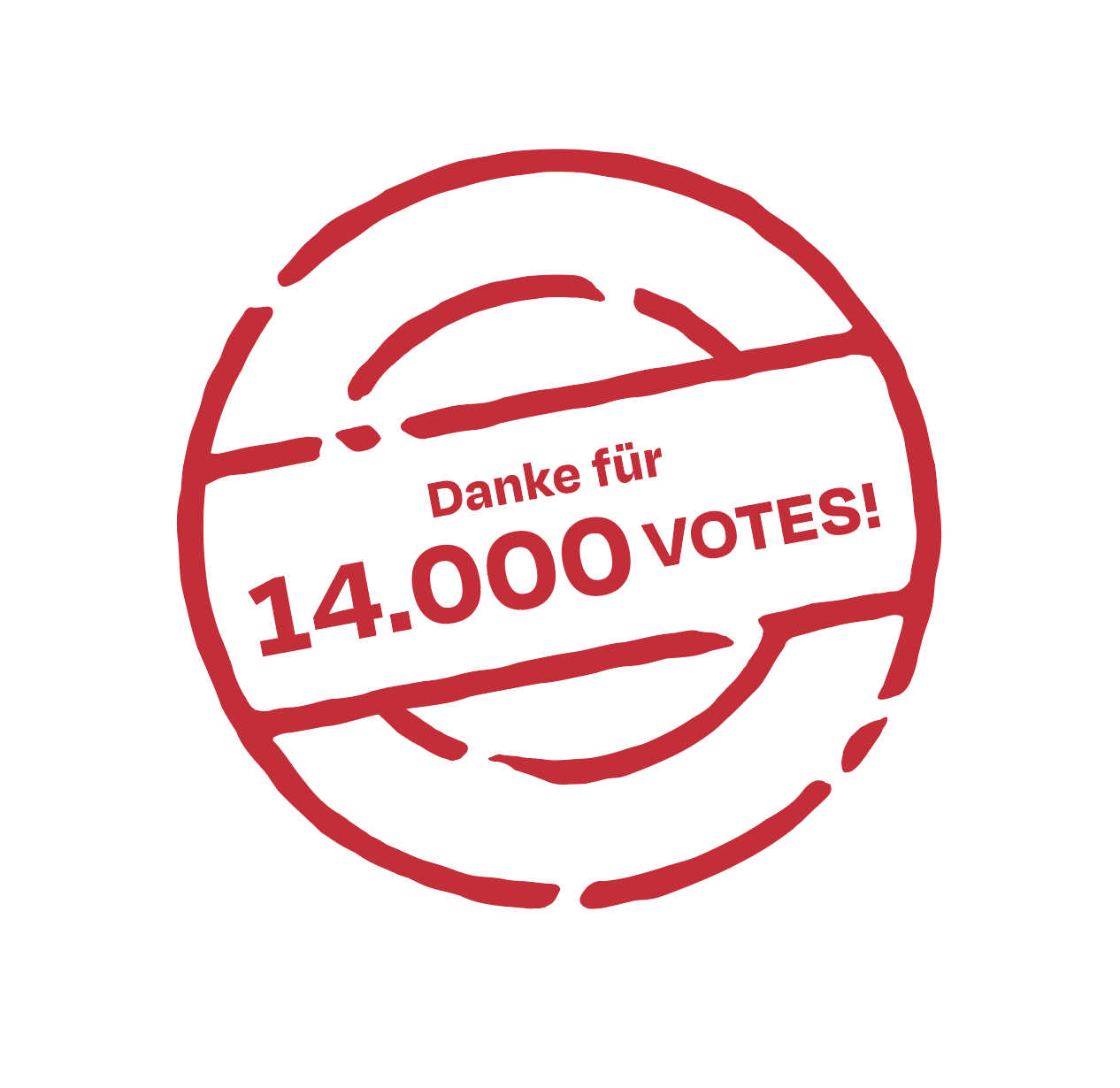 Eine rote, kreisförmige Briefmarkengrafik mit dem Text "Danke für 14.000 VOTES!" in der Mitte, dargestellt auf weißem Hintergrund.