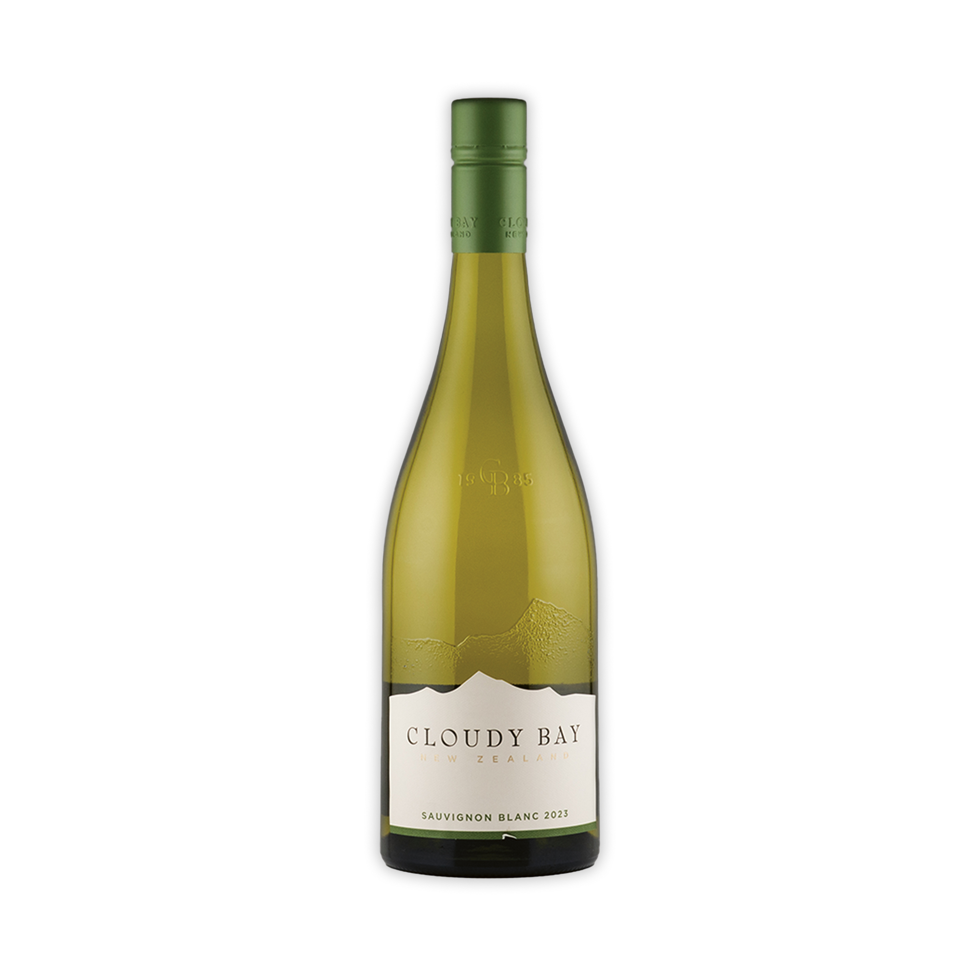 Eine Flasche Cloudy Bay Sauvignon Blanc 2017 Wein mit grünem Verschluss, klarem Glas und einem Etikett mit einer Bergsilhouette und dem Text "Cloudy Bay New Zealand Sauvignon Blanc 2017".