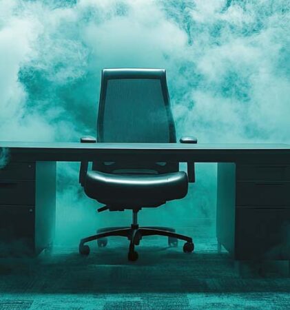 Ein schwarzer Bürostuhl steht hinter einem dunklen Schreibtisch mit Schubladen auf beiden Seiten, umgeben von dichtem tealfarbenem Rauch oder Nebel in einem schwach beleuchteten Raum.