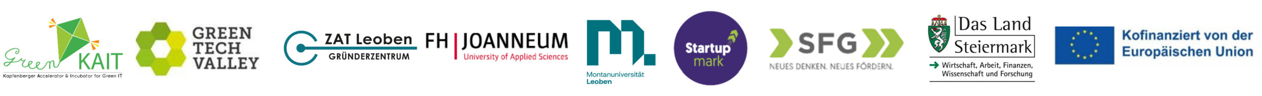Eine Reihe von Logos von verschiedenen Organisationen, darunter Green Kat, Green Tech Valley, FH Joanneum, Startup Werk, SFG, Das Land Steiermark und die Europäische Union.