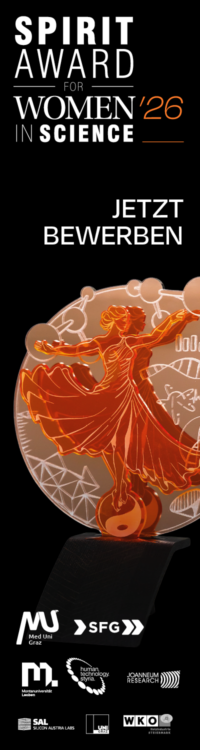 Vertikales Banner für den Spirit Award for Women in Science 2026, das eine transparente Trophäe mit einer eingravierten tanzenden Frau zeigt. Der deutsche Text "Jetzt bewerben" und mehrere Sponsorenlogos sind auf schwarzem Hintergrund zu sehen.