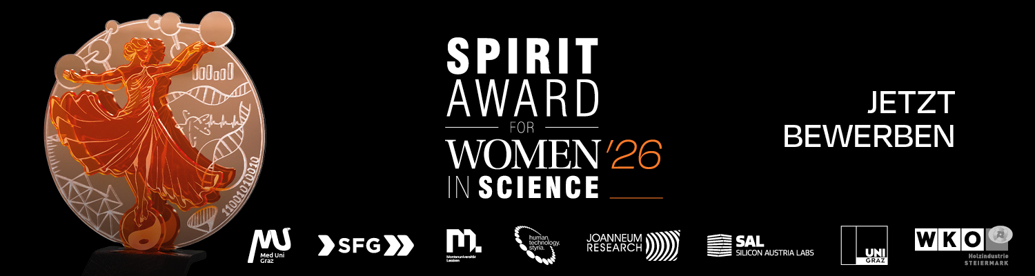 Auf der linken Seite ist eine leuchtende Trophäe zu sehen, die eine tanzende Frau zeigt. Der Text lautet: "Spirit Award for Women in Science '26. Jetzt bewerben." Unten sind verschiedene Partnerlogos auf schwarzem Hintergrund abgebildet.