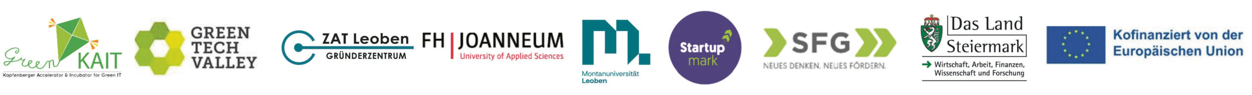 Eine Reihe von Logos für verschiedene Organisationen, darunter Green KAT, Green Tech Valley, FH Joanneum, Startup Werk, SFG, Das Land Steiermark und die Europäische Union.