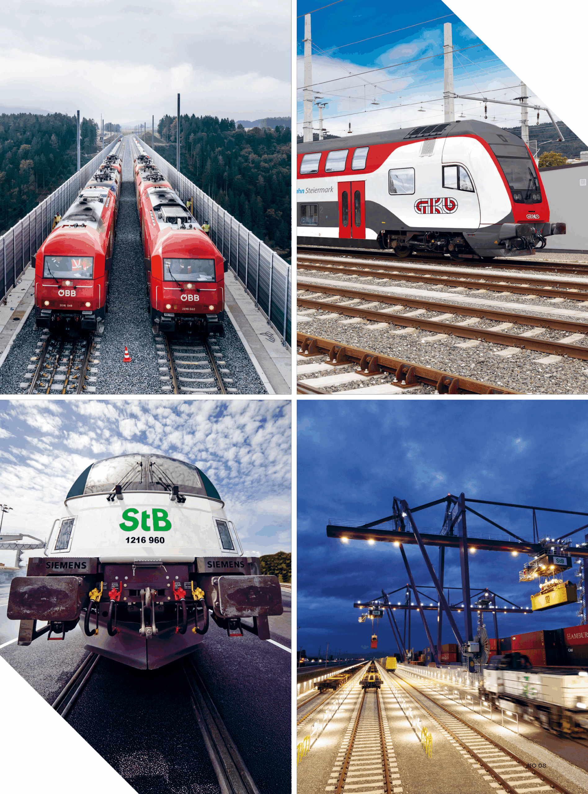 Collage aus vier Bildern: rote Züge auf Gleisen, ein moderner weiß-roter Zug in einem Bahnhof, eine grün-weiße Lokomotive in Nahaufnahme und eine Nachtansicht eines Schiffshafens mit Kränen und Containerschiffen.